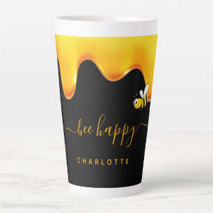 Bee Happy black cute bumble bees dripping honey Latte Mug