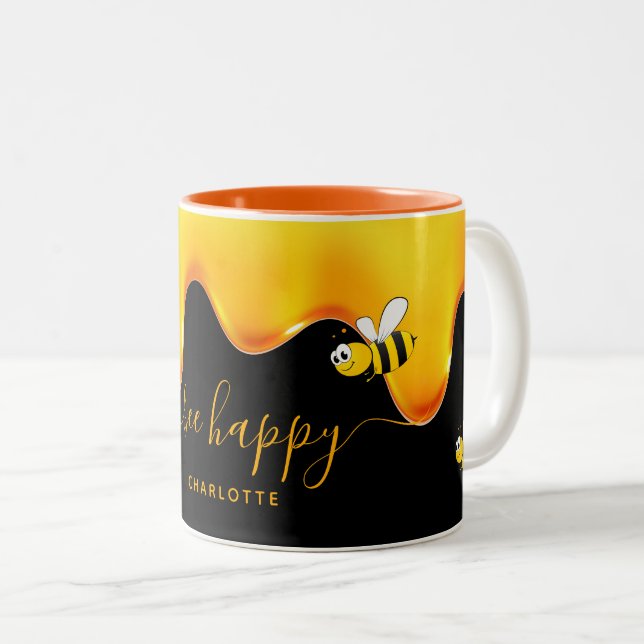 Bee Happy black cute bumble bees dripping honey Two-Tone Coffee Mug (Front Right)