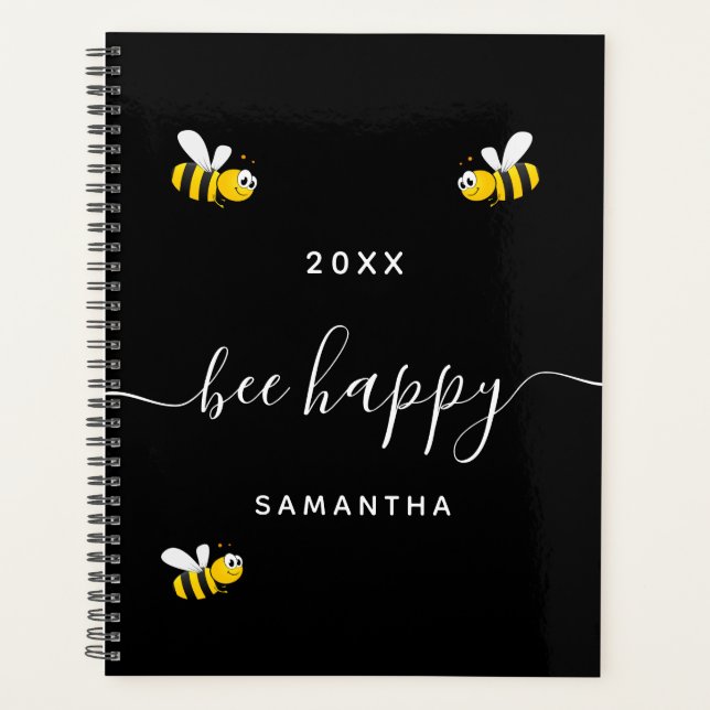 Bee happy black cute bumble bees monogram planner (Front)