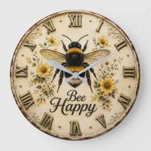 Bee Happy Bumble Bee Farmhouse Bee Lover Floral Large Clock