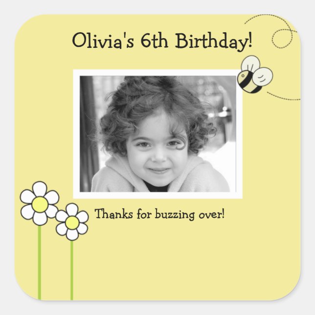 BEE HAPPY Bumble Bee Photo SQUARE Favour Sticker (Front)