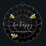 Bee happy bumble bees black monogram dartboard<br><div class="desc">Decorated with happy,  smiling yellow and black  bumble bees. A black background. White hand lettered script and the text: Bee Happy.  Personalise and add your family name.</div>