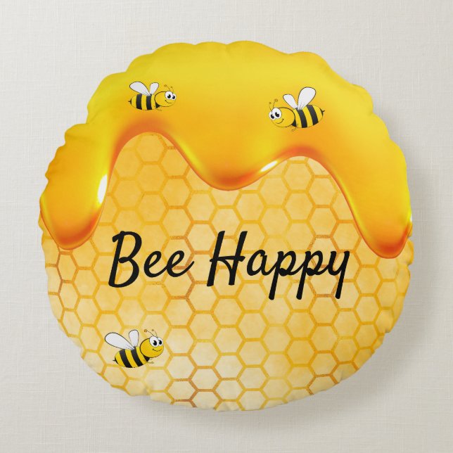 Bee Happy Bumble bees honeycomb honey dripping Round Cushion (Front)
