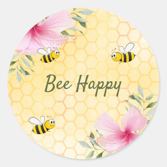 Bee Happy bumble bees honeycomb summer florals Classic Round Sticker (Front)