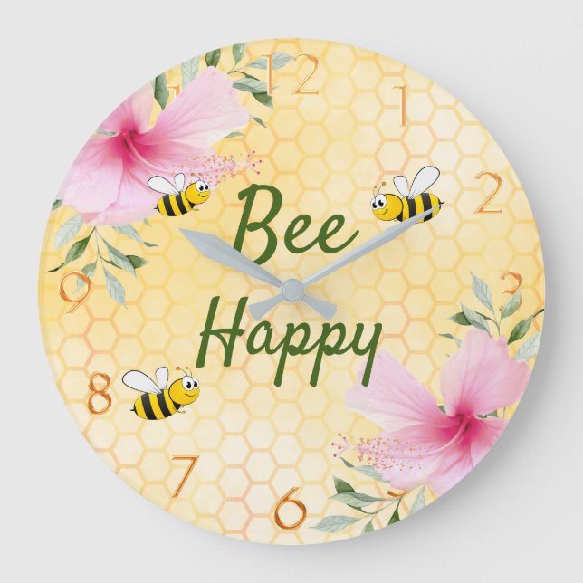 Bee Happy bumble bees yellow honeycomb cute fun Large Clock (Front)