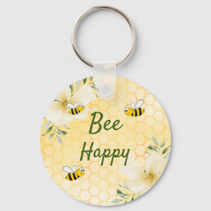 Bee Happy bumble bees yellow honeycomb cute Key Ring