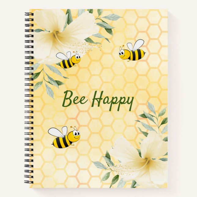 Bee Happy bumble bees yellow honeycomb diary Notebook (Front)