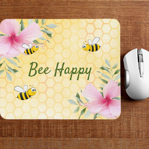 Bee Happy bumble bees yellow honeycomb floral Mouse Mat