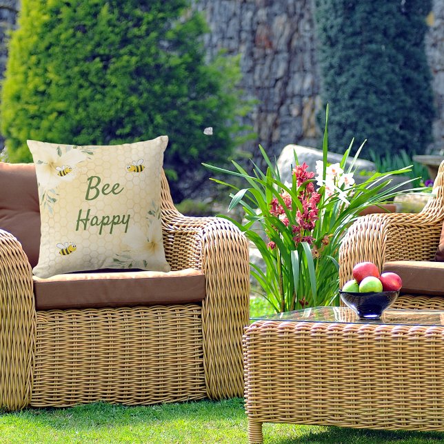Bee Happy bumble bees yellow honeycomb humour Cushion (Creator Uploaded)