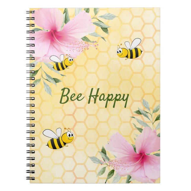 Bee Happy bumble bees yellow honeycomb summer Notebook (Front)