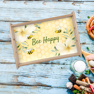 Bee Happy bumble bees yellow honeycomb summer Serving Tray