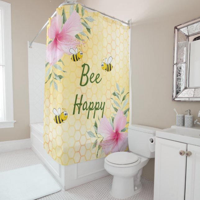 Bee Happy bumble bees yellow honeycomb sweet Shower Curtain (In Situ)