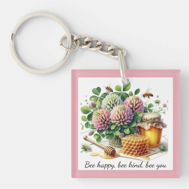 Bee Happy Clover and Honey Acrylic Keychain (Front)