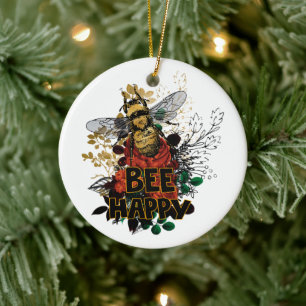 Bee Happy Colourful Bee and Flowers Ceramic Tree Decoration