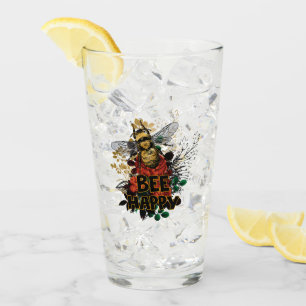 Bee Happy Colourful Bee and Flowers Glass