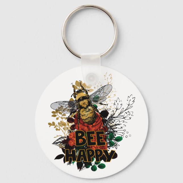 Bee Happy Colourful Bee and Flowers Key Ring (Front)