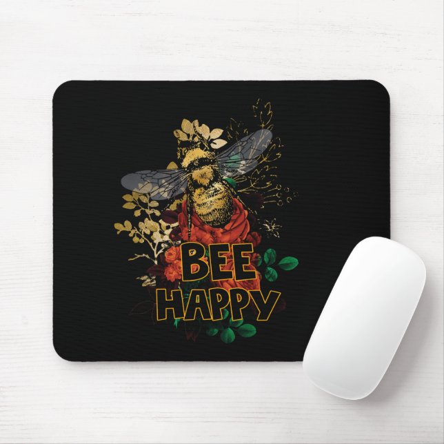 Bee Happy Colourful Bee and Flowers Mouse Mat (With Mouse)