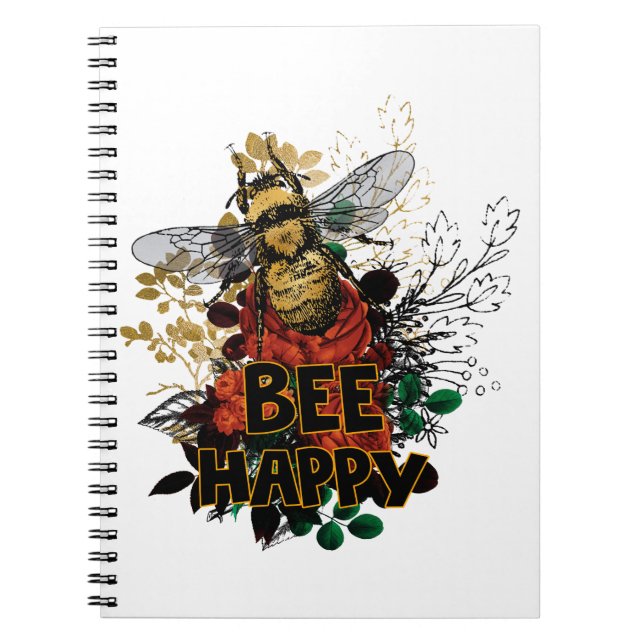 Bee Happy Colourful Bee and Flowers Notebook (Front)