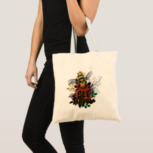 Bee Happy Colourful Bee and Flowers Tote Bag