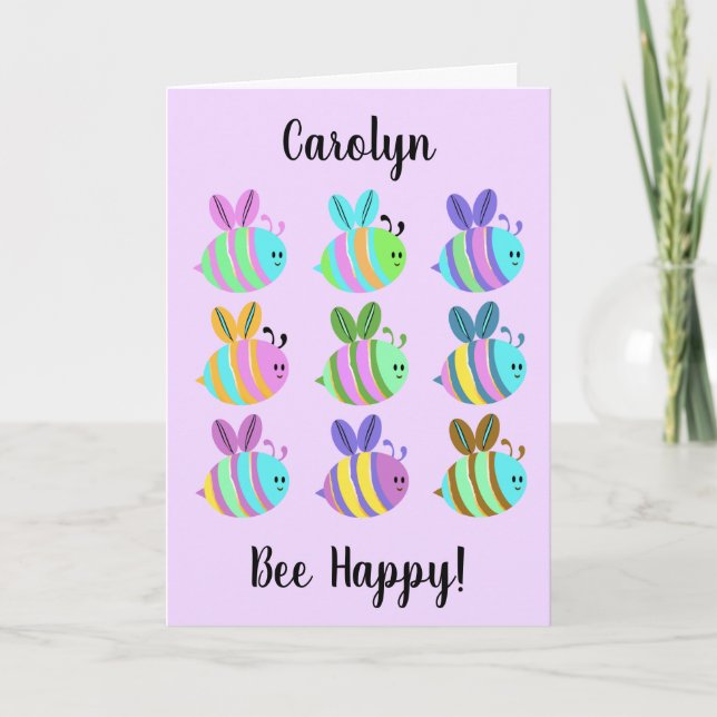 Bee happy, colourful bees.  Personalised birthday Card (Front)