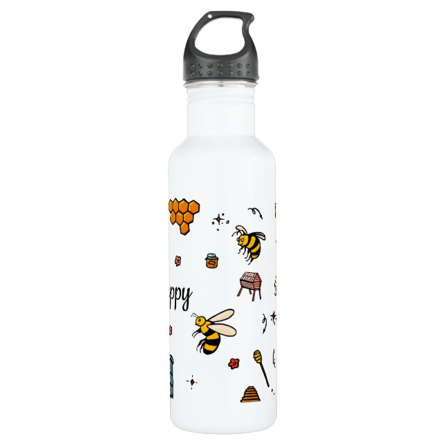 Bee happy cute bees word art 710 ml water bottle (Front)