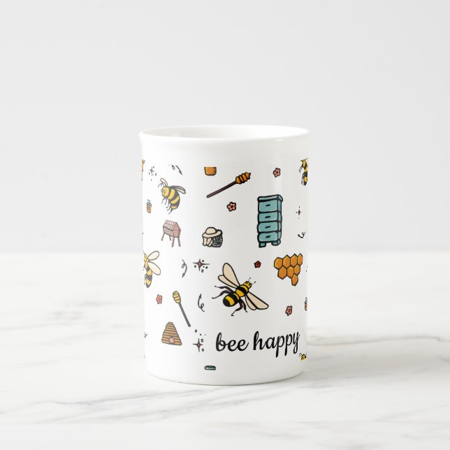 Bee happy cute bees word art bone china mug (Front)