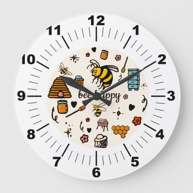 Bee happy cute bees word art large clock (Front)