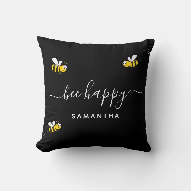 Bee happy cute bumble bees black white monogram cushion (Front)