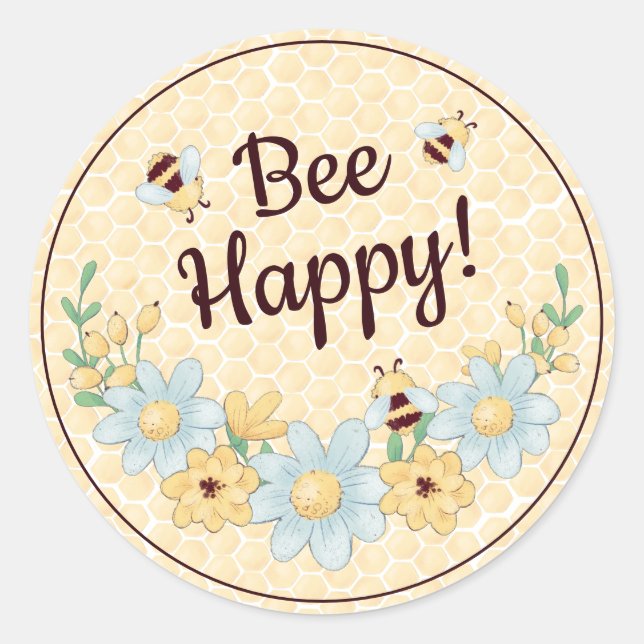 Bee Happy Cute Bumblebee Classic Round Sticker (Front)