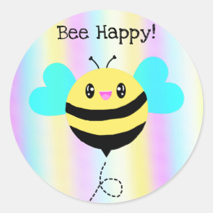 Bee Happy! Cute Kawaii Pastel Rainbow Stripes Classic Round Sticker