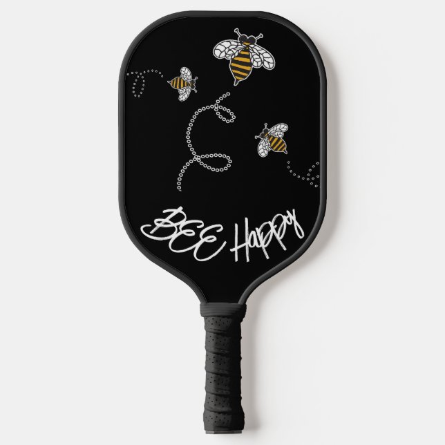 Bee Happy Cute Yellow and Black Modern Pickleball Paddle (Front)