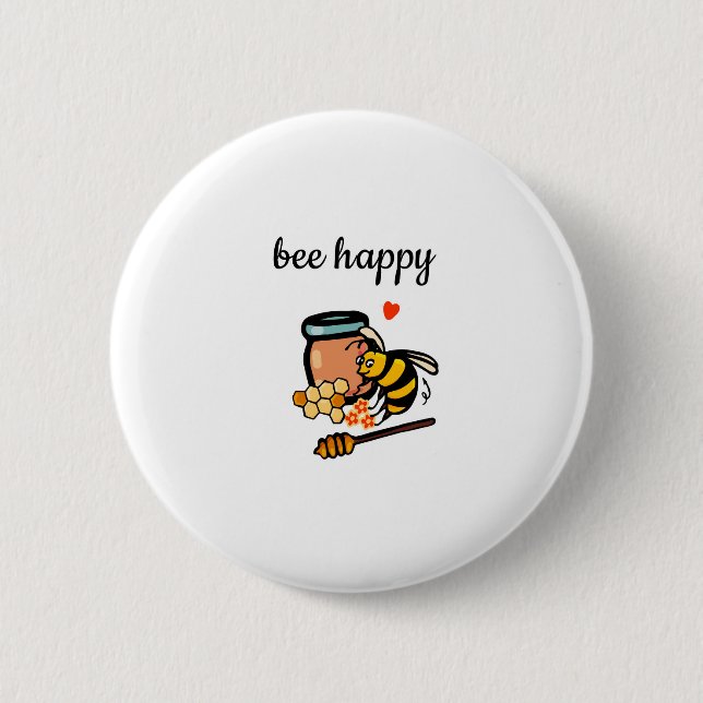Bee happy cute yellow and blue word art 6 cm round badge (Front)
