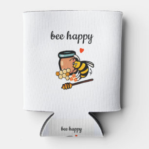Bee happy cute yellow and blue word art can cooler