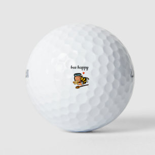 Bee happy cute yellow and blue word art golf balls