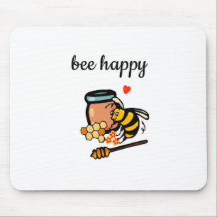 Bee happy cute yellow and blue word art mouse mat