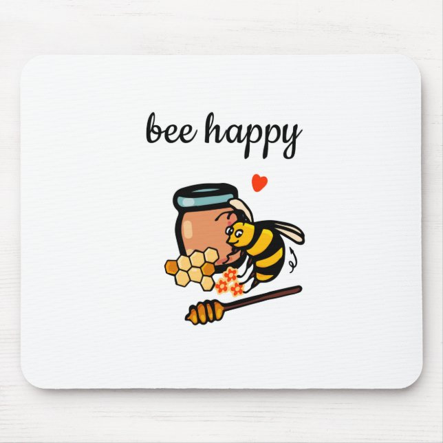 Bee happy cute yellow and blue word art mouse mat (Front)