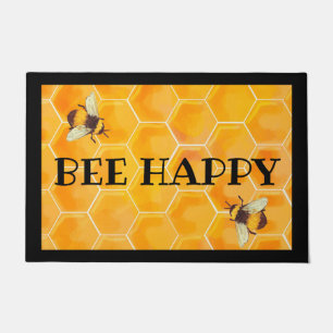 Bee Happy Door Mat with Honeycomb