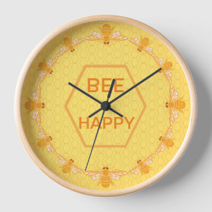 Bee Happy honey bees on yellow honeycomb Clock