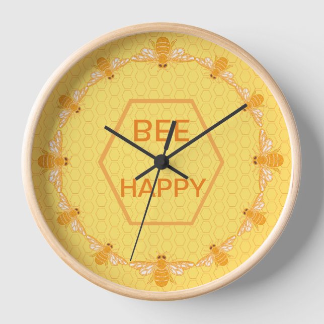 Bee Happy honey bees on yellow honeycomb Clock (Front)
