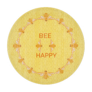 Bee Happy honey bees on yellow honeycomb   Cutting Board