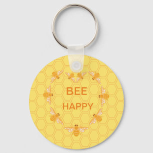 Bee Happy honey bees on yellow honeycomb Key Ring