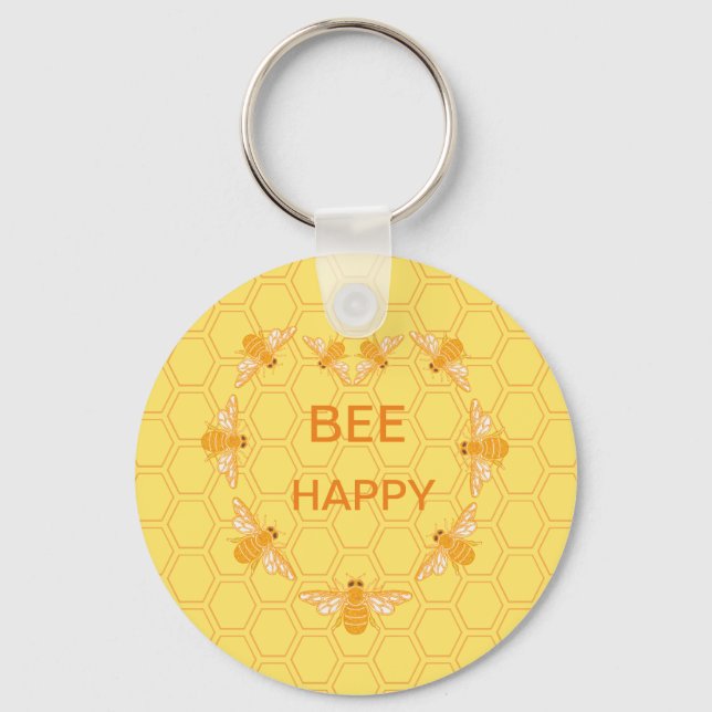 Bee Happy honey bees on yellow honeycomb Key Ring (Front)
