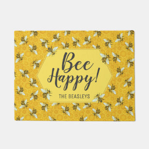 Bee Happy Honeybees and Honeycomb   Family Name Doormat