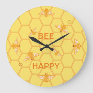 Bee Happy honeybees on yellow honeycomb Large Clock