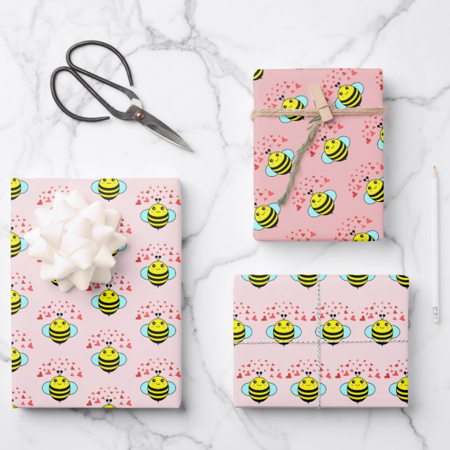 Bee Happy Love Heart Wrapping Paper Sheet (Front)