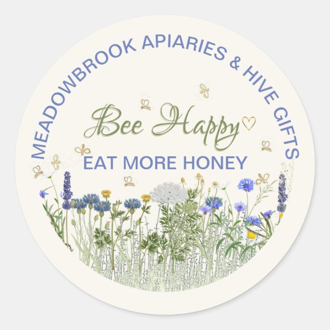 BEE HAPPY Meadow Flowers and Bees Lid Label (Front)