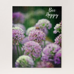 Bee Happy Motivational Purple Allium Flowers Jigsaw Puzzle