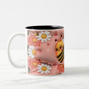 Bee Happy Pink Floral Bumble Bee Two-Tone Coffee Mug