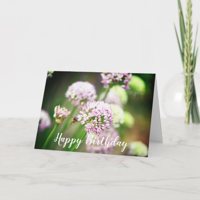 Bee Happy Purple Diagonal Allium Flowers Birthday Card (Front)