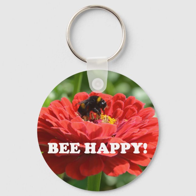 Bee Happy Red Flower Key Ring (Front)